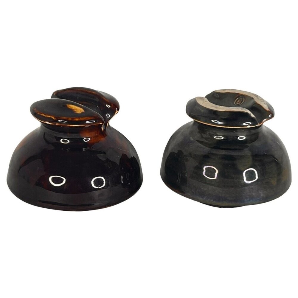 2 Ceramic Insulator Saddle Top Gray Brown Black Drip Glaze‎ B Telephone Wire VTG
